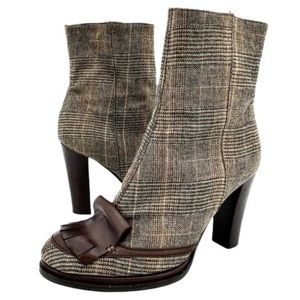 Kenzo High Heel Calf Boots Brown Plaid Tweed & Leather Menswear Inspired FR37/ 6